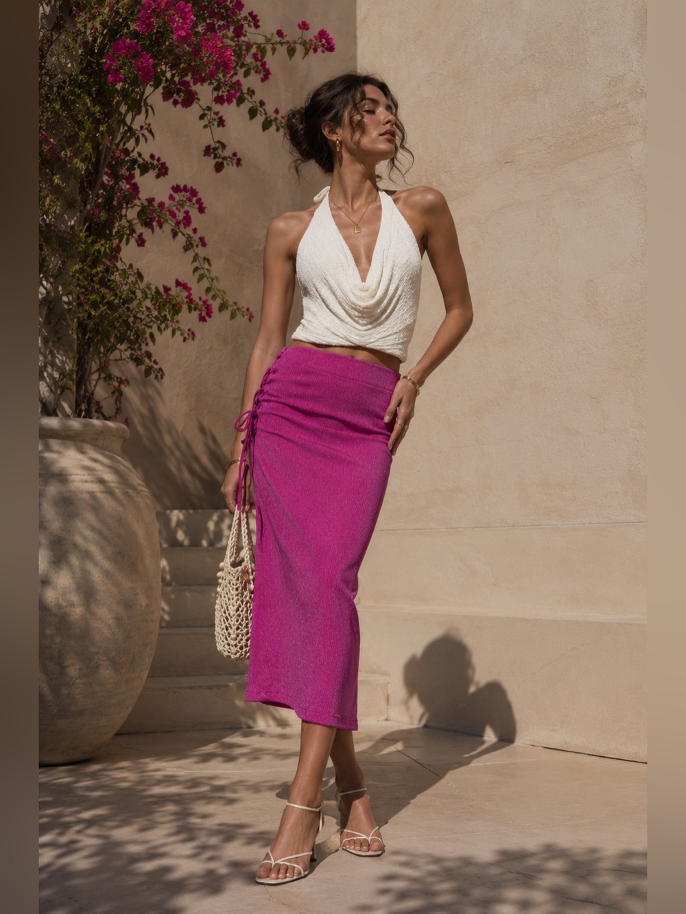 RIHOAS Fuchsia Ruched Side-Tie Midi Skirt | Chic Summer Vacation | Size M